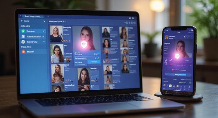 Een datingplatform dashboard met profielen en filteropties op apparaten. Een datingplatform dashboard met profielen en filteropties op apparaten.