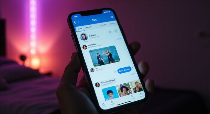 Een datingapp-interface met profielkaarten en messagingfuncties. Een datingapp-interface met profielkaarten en messagingfuncties.