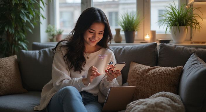 Vrouw geniet van veilige digitale connecties op datingapp in gezellige omgeving. Vrouw geniet van veilige digitale connecties op datingapp voor ladyboy seksdating in gezellige omgeving.