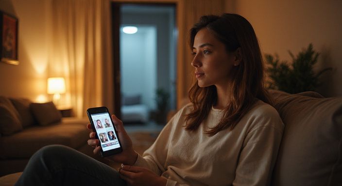 Vrouw in casual kleding bekijkt datingsapp op haar smartphone. Vrouw in casual kleding bekijkt datingsapp voor ladyboy seksdating op haar smartphone.