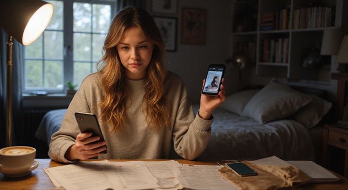 Vrouw onderzoekt datingprofielen terwijl ze nota's over veiligheid en gender bestudeert. Vrouw onderzoekt datingprofielen voor ladyboy seksdating terwijl ze nota's over veiligheid en gender bestudeert.