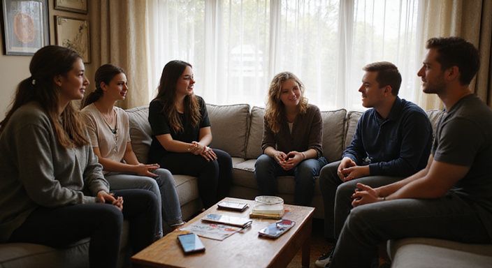 Een diverse groep jongeren in gesprek over relaties en inclusiviteit.