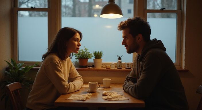 Een vrouw en man bespreken flirten met shemales in een café.