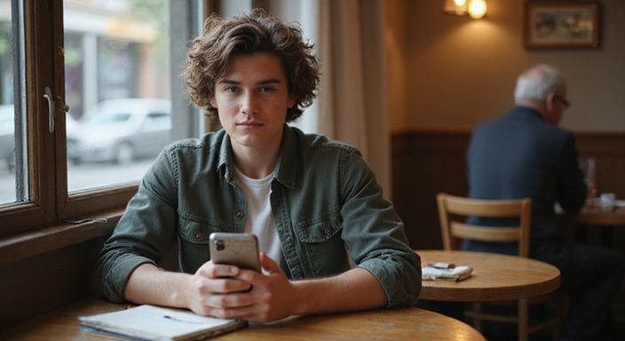 Jonge volwassene bekijkt datingapp voor flirten met shemales met focus op identiteit en pronouns.