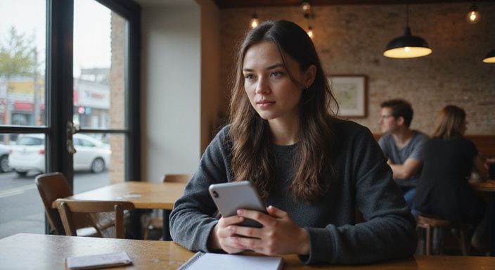 Vrouw in café bekijkt veiligheidsapp voor moderne datingsituaties.