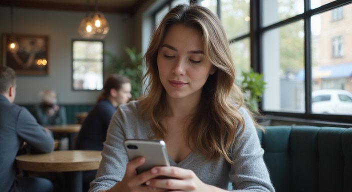 Vrouw leest een respectvol bericht op een datingapp voor flirten met shemales in een café.