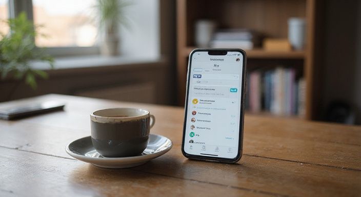 Een smartphone toont een datingapp met FAQ en veiligheidsinstellingen.