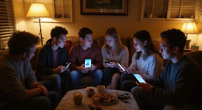 Groep jonge volwassenen die samen datingapps voor flirten met shemales en LGBTQ+ forums verkennen.