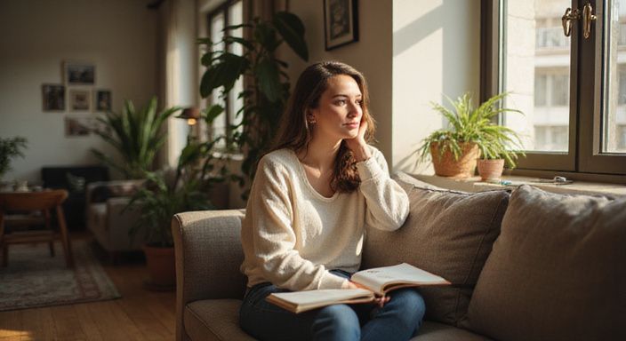Een zelfverzekerde vrouw reflecteert in een modern appartement.