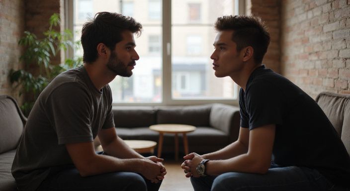 Twee jonge volwassenen in een eerlijke, betrokken discussie.