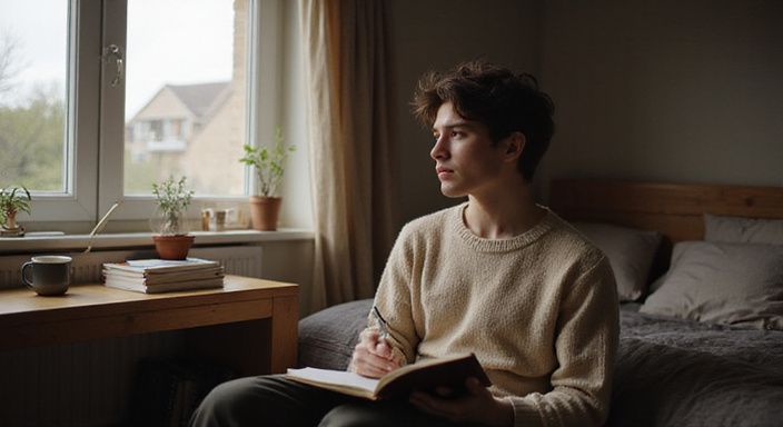 Een jonge volwassene reflecteert stilletjes met een journal in de hand.