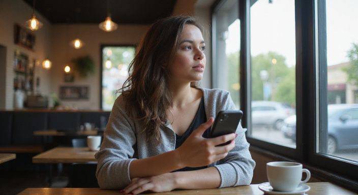 Een jonge transgender vrouw reflecteert alleen in een café en wil flirten met shemales.