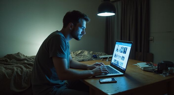 Een man bestudeert een datingapp voor ondeugend daten in zijn slaapkamer.