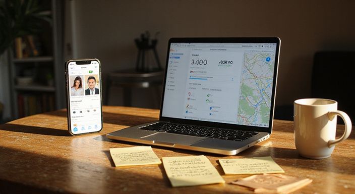Een smartphone en MacBook Pro op een versleten eiken bureau.
