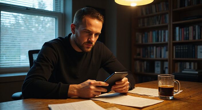 Een 24-jarige persoon concentreert zich op een smartphone aan een bureau en wil ondeugend daten.