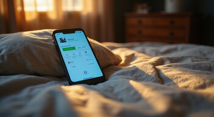 Een smartphone met een datingapp ligt op gekreukt linnen beddengoed.