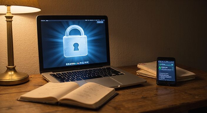 Een MacBook Pro en iPhone tonen een beveiligingswerkplek met aantekeningen.