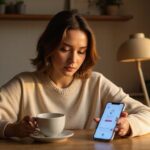 Een vrouw in een ruime trui gebruikt haar smartphone in een thuiskantoor