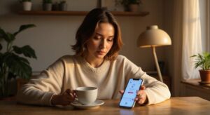 Een vrouw in een ruime trui gebruikt haar smartphone in een thuiskantoor