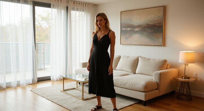 Vrouw in zwarte midi-jurk staat ontspannen in moderne woonkamer.