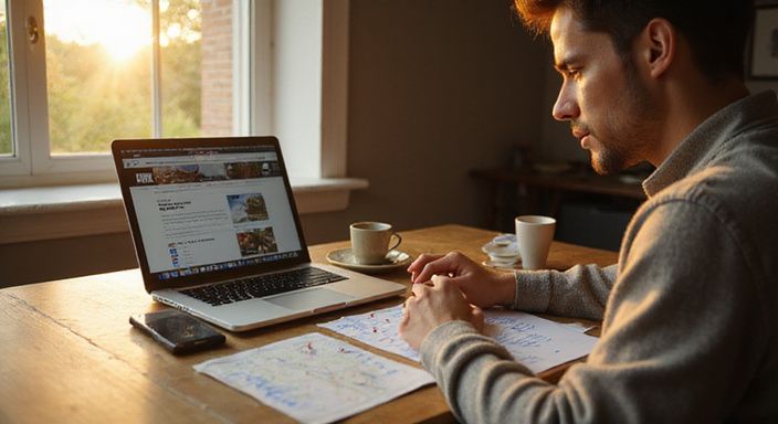 Een persoon werkt geconcentreerd aan een bureau met technologie en notities. Een persoon werkt geconcentreerd aan een bureau met technologie en notities.