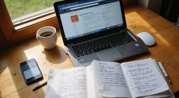 Een rommelige werkplek met een laptop en notities voor onderzoek. Een rommelige werkplek met een laptop en notities voor onderzoek.