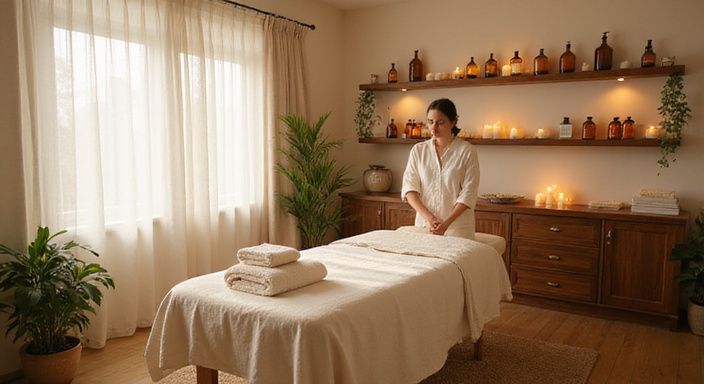 Een rustgevende massagesalon met een professionele masseuse en warme inrichting. Een rustgevende massagesalon met een professionele masseuse en warme inrichting.