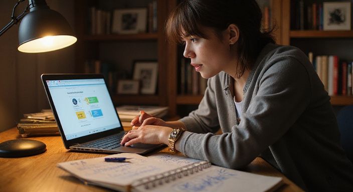 Een vrouw werkt geconcentreerd aan haar laptop met veiligheidsnotities. Een vrouw werkt geconcentreerd aan haar laptop met veiligheidsnotities.