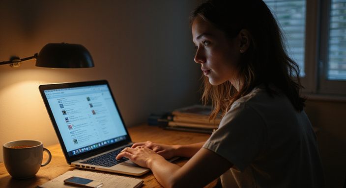 Een vrouw concentreert zich op haar laptop in een thuiskantoor. Een vrouw concentreert zich op haar laptop in een thuiskantoor.