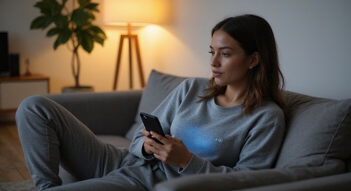 Een vrouw in een sweater bekijkt een datingapp in de woonkamer. Een vrouw in een sweater bekijkt een datingapp voor een sexpartner in Groningen in de woonkamer.