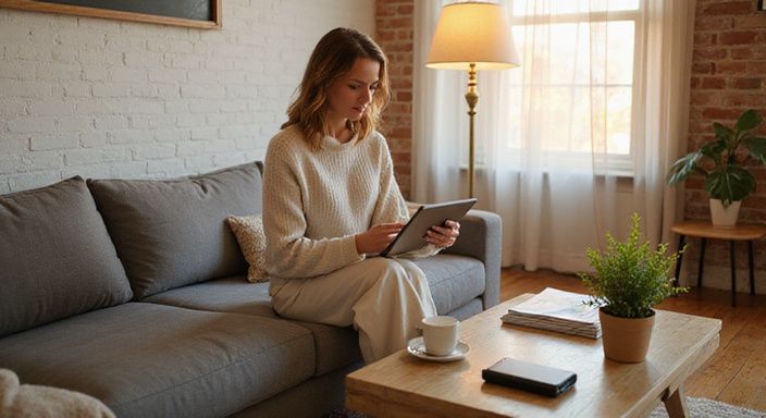 Vrouw in moderne woonkamer met ontspannen houding en stijlvolle inrichting. Vrouw in moderne woonkamer met ontspannen houding en stijlvolle inrichting.