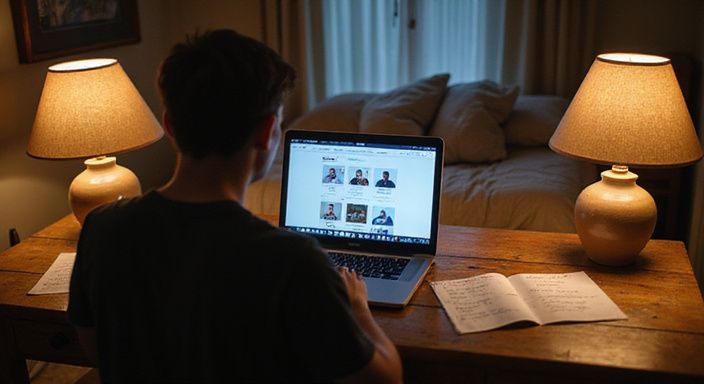 Een persoon kijkt gefocust naar een datingsite op een laptop. Een persoon kijkt gefocust naar een datingsite voor een sexpartner in Groningen op een laptop.