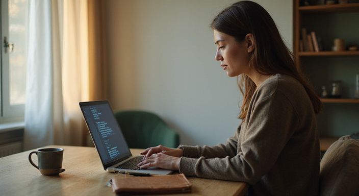 Een vrouw werkt geconcentreerd aan haar laptop in een minimalistische ruimte. Een vrouw werkt geconcentreerd aan haar laptop in een minimalistische ruimte.