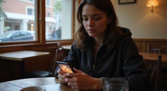 Een vrouw verdiept in een datingapp in een café. Een vrouw verdiept in een datingapp voor een sexpartner in Groningen in een café.