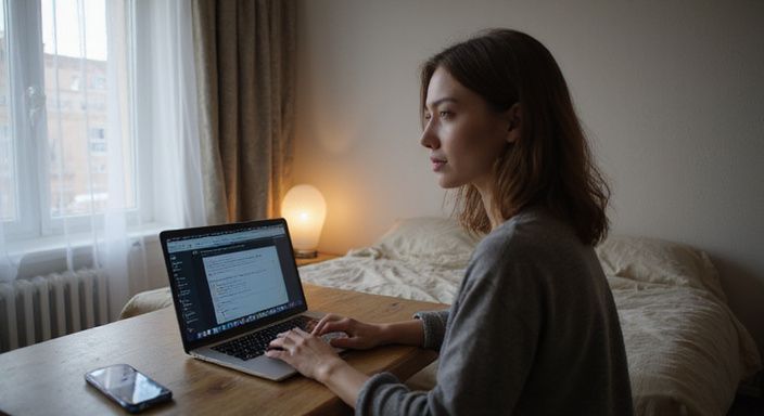 Een vrouw werkt geconcentreerd aan een laptop in haar studio. Een vrouw werkt geconcentreerd aan een laptop in haar studio.