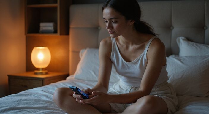 Een vrouw met frekels zit ontspannen op bed, bezig met haar telefoon. Een vrouw met frekels zit ontspannen op bed, bezig met haar telefoon.