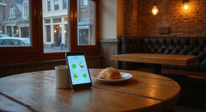 Smartphone met dating-app en espresso naast een gebakje in café. Smartphone met dating-app en espresso naast een gebakje in café.