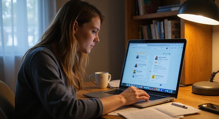 Een vrouw voert zorgvuldig onderzoek uit op haar laptop in een kantoor. Een vrouw voert zorgvuldig onderzoek uit op haar laptop in een kantoor.