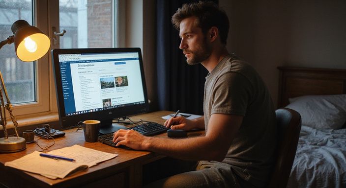 Een man werkt geconcentreerd aan zijn laptop in een kleine kamer. Een man werkt geconcentreerd aan zijn laptop in een kleine kamer.