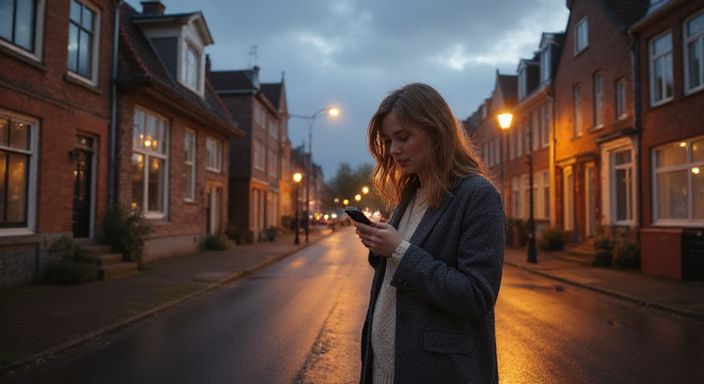 Vrouw in een stadsstraat kijkt geconcentreerd naar haar smartphone. Vrouw in een stadsstraat kijkt geconcentreerd naar haar smartphone op zoek naar een sexpartner in Den Haag.