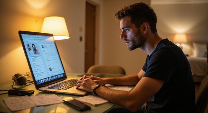 Een man verdiept in een datingapp op zijn laptop. Een man verdiept in een datingapp voor sexpartner Den Haag op zijn laptop.