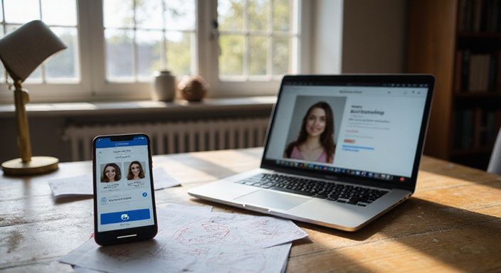 Een smartphone en MacBook Pro op een houten bureau met dating-app. Een smartphone en MacBook Pro op een houten bureau met dating-app voor sexpartner Den Haag.
