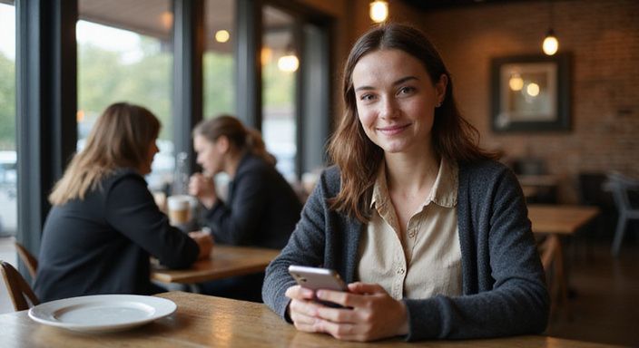 Een vrouw met een blijde uitstraling zit aan een café tafel. Een vrouw met een blijde uitstraling zit aan een café tafel.
