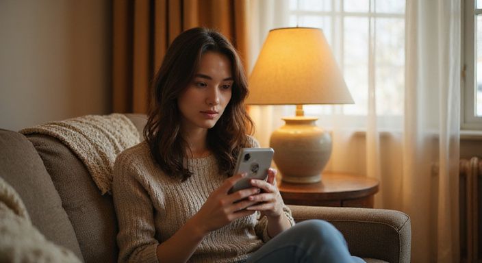 Een jonge vrouw zit ontspannen op een sofa met een iPhone. Een jonge vrouw zit ontspannen op een sofa met een iPhone.