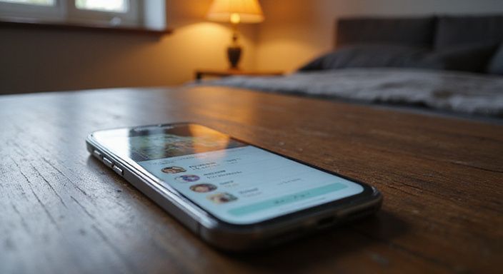 Een smartphone ligt op een walnoten tafel met een datingapp. Een smartphone ligt op een walnoten tafel met een datingapp voor sexpartner Den Haag.