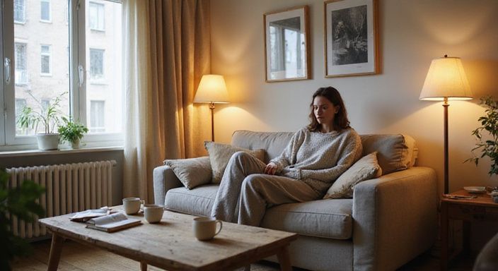 Een gezellige studio met een ontspannen vrouw en huiselijke details. Een gezellige studio met een ontspannen vrouw en huiselijke details.