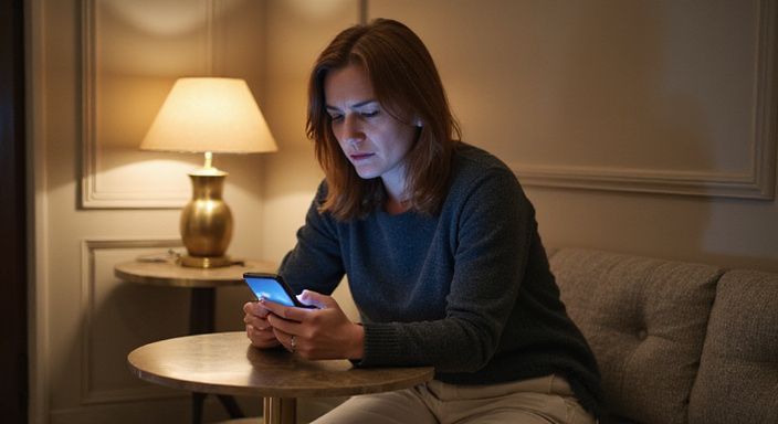 Een middelbare vrouw in een hotel lobby kijkt geconcentreerd op haar smartphone. Een middelbare vrouw in een hotel lobby kijkt geconcentreerd op haar smartphone.