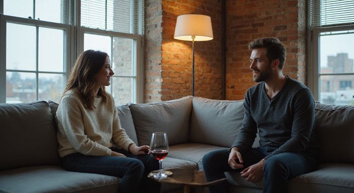 Een man en vrouw delen een intiem moment op een bank. Een man en vrouw delen een intiem moment op een bank.