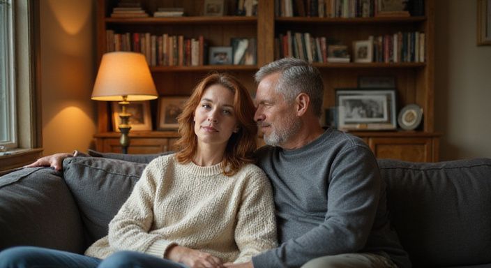 Een ontspannen koppel geniet van een intiem gesprek op de bank. Een ontspannen koppel geniet van een intiem gesprek over swingers en partnerruil op de bank.
