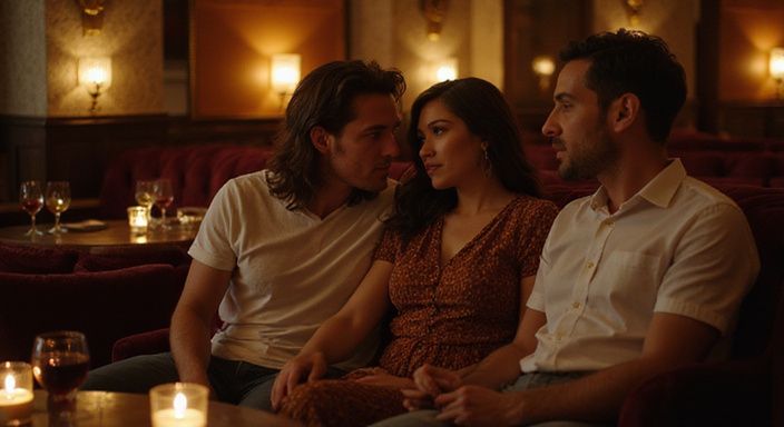 Vier vrienden in een chique lounge tijdens een intiem gesprek. Vier vrienden in een chique lounge tijdens een intiem gesprek over swingers en partnerruil.